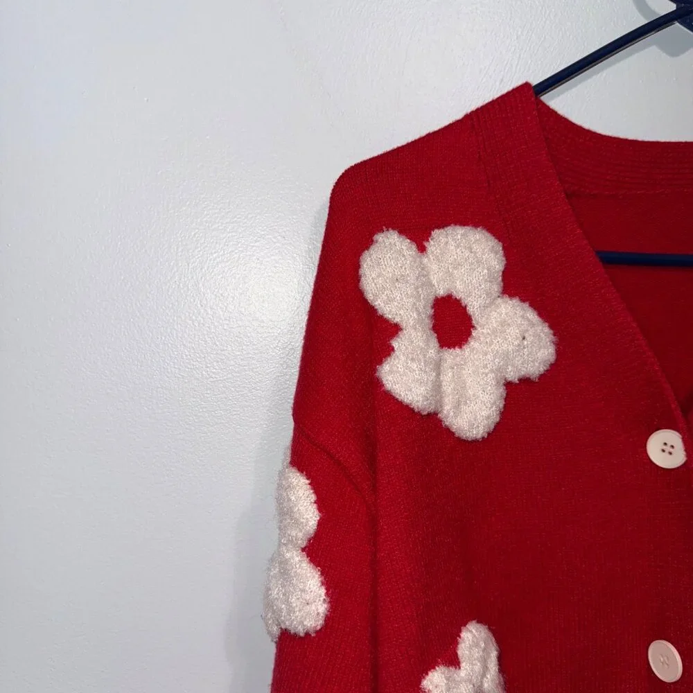 Red Button-Up Cardigan With White 3D Floral Design By Cider Long Sleeves Size M - Picture 2 of 6